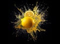 Lemon with water splash or explosion flying in the air on a black background