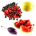 Lemon, watermelon, berries, plum. Set of isolated summer fresh vegetarian ingredients