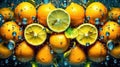 Lemon whole and sliced fruits with leaves. Closeup view. Fruits backdrop. Generative AI. Illustration for banner, poster, cover or