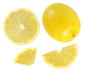 Lemon whole and slices of juicy yellow isolated on white background with clipping path. Royalty Free Stock Photo