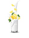 Lemon yellow multi fruit cocktail. Splash swirl in the realistic Royalty Free Stock Photo