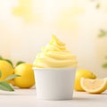 Lemon yogurt ice cream in a white cup with lemons on a light background