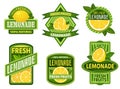 Lemonade badges. Lemon drink emblem badge, fresh fruits lemons juice vintage lemonades emblems vector set Royalty Free Stock Photo