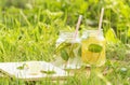 Lemonade in banks outdoors Royalty Free Stock Photo