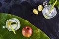 Lemonade on blackboard, palm leaf