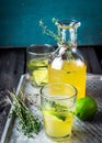 Lemonade in bottle and two glasses on vintage metal tray. Wooden background.