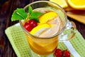 Lemonade with cherry in wineglass on dark board