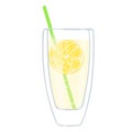 Lemonade. Clear glass with drink, straw for drinking, ice cubes, pieces of lemon. Glass isolated on white. Cold Drinks Royalty Free Stock Photo