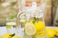 Lemonade close-up on a concrete background with lemons cut open. Whole lemons, mint, fresh summer lemonade in nature, the concept