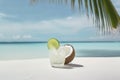 Lemonade cocktail on the beach close-up. Vacation background.