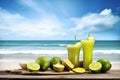 Lemonade cocktails with fruits close-up, summer background. Royalty Free Stock Photo