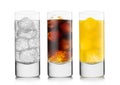 Lemonade drink with cola and orange soda soft drink with ice cubes on white background. in highball glasses Royalty Free Stock Photo