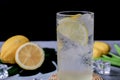 Lemonade. Drink with fresh lemons in fizzy sparkling water, juice refreshment.