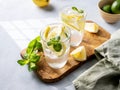 Lemonade drink with fresh lemons, lime, mint and ice. Refreshing citrus mojito cocktail on a light background with shadow. Summer Royalty Free Stock Photo