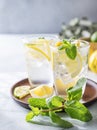 Lemonade drink with fresh lemons, lime, mint and ice. Refreshing citrus mojito cocktail on a light background. Summer cold drinks Royalty Free Stock Photo