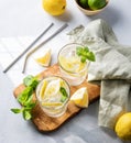 Lemonade drink with fresh lemons, lime, mint and ice. Refreshing citrus mojito cocktail on a light background with tube and shadow Royalty Free Stock Photo