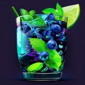 Lemonade drink with fresh lime, blueberry, mint and ice. Generative AI. Refreshing berry mojito cocktail on a dark background. Royalty Free Stock Photo