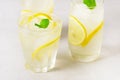 Lemonade Drink of Soda Water with Lemon and Fresh Mint in a Glass Tasty Healthy Summer Drink Gray Background Horizontal Royalty Free Stock Photo