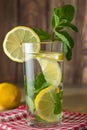 Lemonade fresh with lemon slices and mint leaves in glass