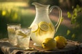 Lemonade with fresh lemons in a jug and glasses on a wooden table