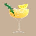 Lemonade glass, citrus cocktail, lemon. Slice of yellow orange, sprig of green rosemary, glass cup on high leg for bar