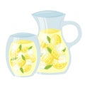 Lemonade in glass cup and pitcher cartoon icon. Lemon squash with mint leaves. Cold soft drink. Royalty Free Stock Photo
