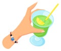 Lemonade glass in female hand. Cartoon party drink Royalty Free Stock Photo