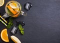 Lemonade in a glass jar on the black background Royalty Free Stock Photo