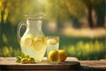 Lemonade in a glass and a jug with lemons on a wooden table