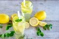 lemonade glass with lemon, ice and green mint on wooden table