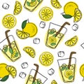 Lemonade hand draw seamless pattern. Fresh and tasty lemonade, water, drink, juice vector vintage .