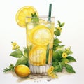 Realistic Watercolor Illustration Of Lemonade Cocktail