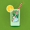 lemonade with ice in glass glass on green, refreshing background.Vintage vector flat in retro style