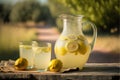 Lemonade in a jug and glass on a wooden table.