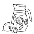 Lemonade Jug with Lemon Fruit and Ginger root. Summer refreshment healthy beverage. Hand drawn vector illustration in Royalty Free Stock Photo