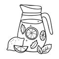 Lemonade Jug with Lemon Fruit and mint. Summer refreshment beverage. Hand drawn vector illustration in Doodle style Royalty Free Stock Photo