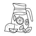 Lemonade Jug with Lemon Fruit and mint. Summer refreshment beverage. Hand drawn vector illustration in Doodle style Royalty Free Stock Photo
