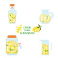 Lemonade in jugs of various shapes with lemon slices, ice and mint.