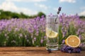 Lemonade with lemon slice and lavender flowers on wooden table outdoors, closeup. Space for text Royalty Free Stock Photo