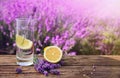 Lemonade with lemon slice and lavender flowers on table outdoors. Space for text Royalty Free Stock Photo