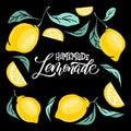 Lemonade lettering with lemon label. Brush calligraphy of word lemonade.