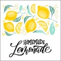 Lemonade lettering with lemon label. Brush calligraphy of word lemonade.