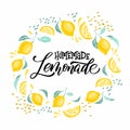 Lemonade lettering with lemon label. Brush calligraphy of word lemonade.