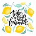 Lemonade lettering with lemon label. Brush calligraphy of word lemonade.