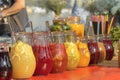 Fresh lemonade in the chilled glass pitchers.