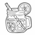 Lemonade in mason jar mug with drinking straw and lemon wedge. Refreshing summer drink vector clip art illustration, doodle style