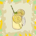 Lemonade in mason jar mug with drinking straw and lemon wedge. Refreshing summer drink vector clip art illustration Royalty Free Stock Photo