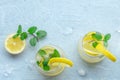 Lemonade with mint panorama. Lemon water drink with ice. Two glasses Royalty Free Stock Photo