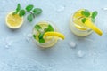 Lemonade with mint panorama. Lemon water drink with ice. Two glasses Royalty Free Stock Photo