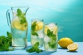 Lemonade with mint panorama. Lemon water drink with ice. Two glasses and a pitcher on a blue background, overhead flat lay shot. Royalty Free Stock Photo